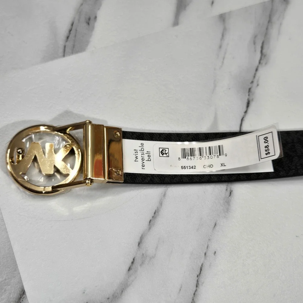 Michael Kors Reversible Twist Belt MK Logo Brown Black Gold XL 551342